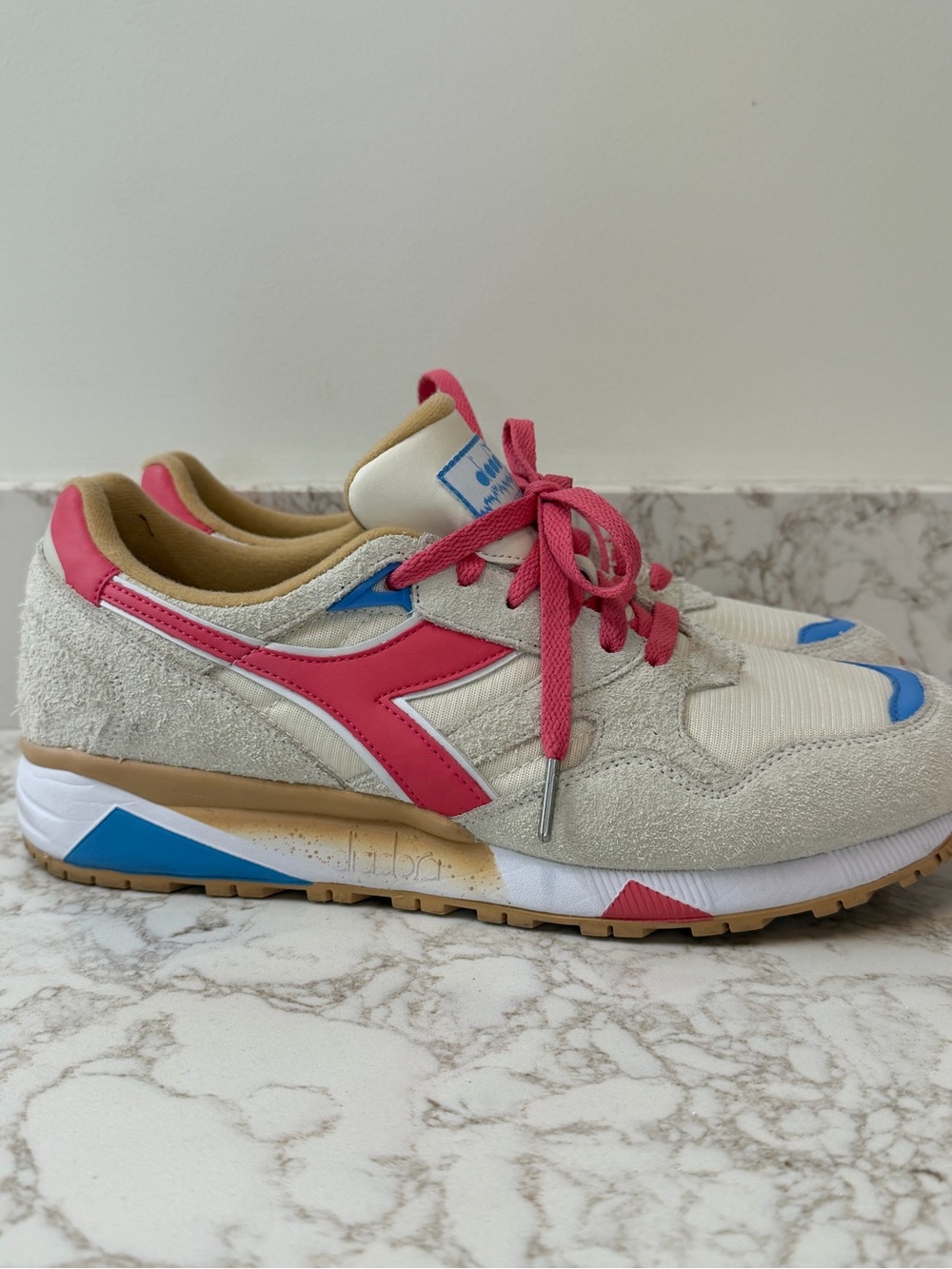 Diadora Beige Suede Athletic Sneakers with Pink and Blue Details